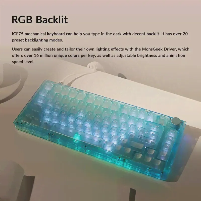 Механическая клавиатура Akko MonsGeek ICE 75, трехрежимная RGB подсветка, акриловая стандартная клавиатура с полностью прозрачными колпачками для ПК (art.: 3920c5d63e7b8)-2